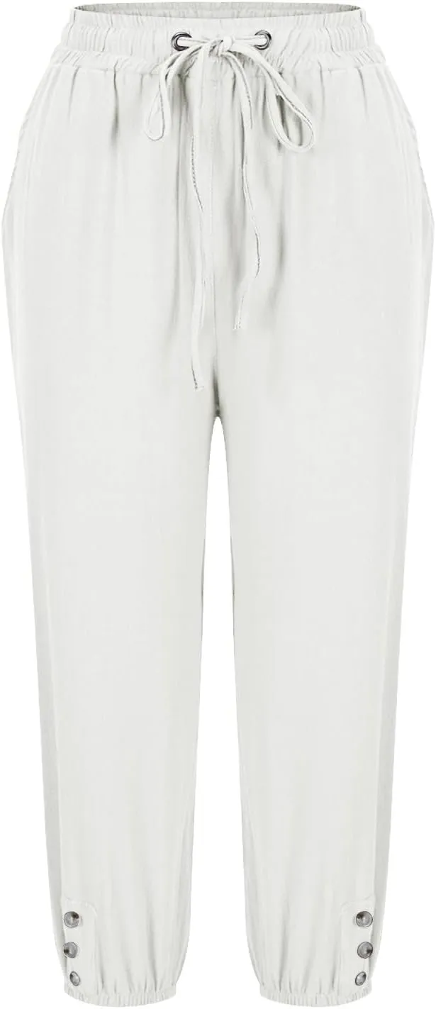 Womens Plain Cotton Linen Capri Pants Cropped Trousers Summer 3/4 Length Pant Casual Loose Trouser Capris with Pockets