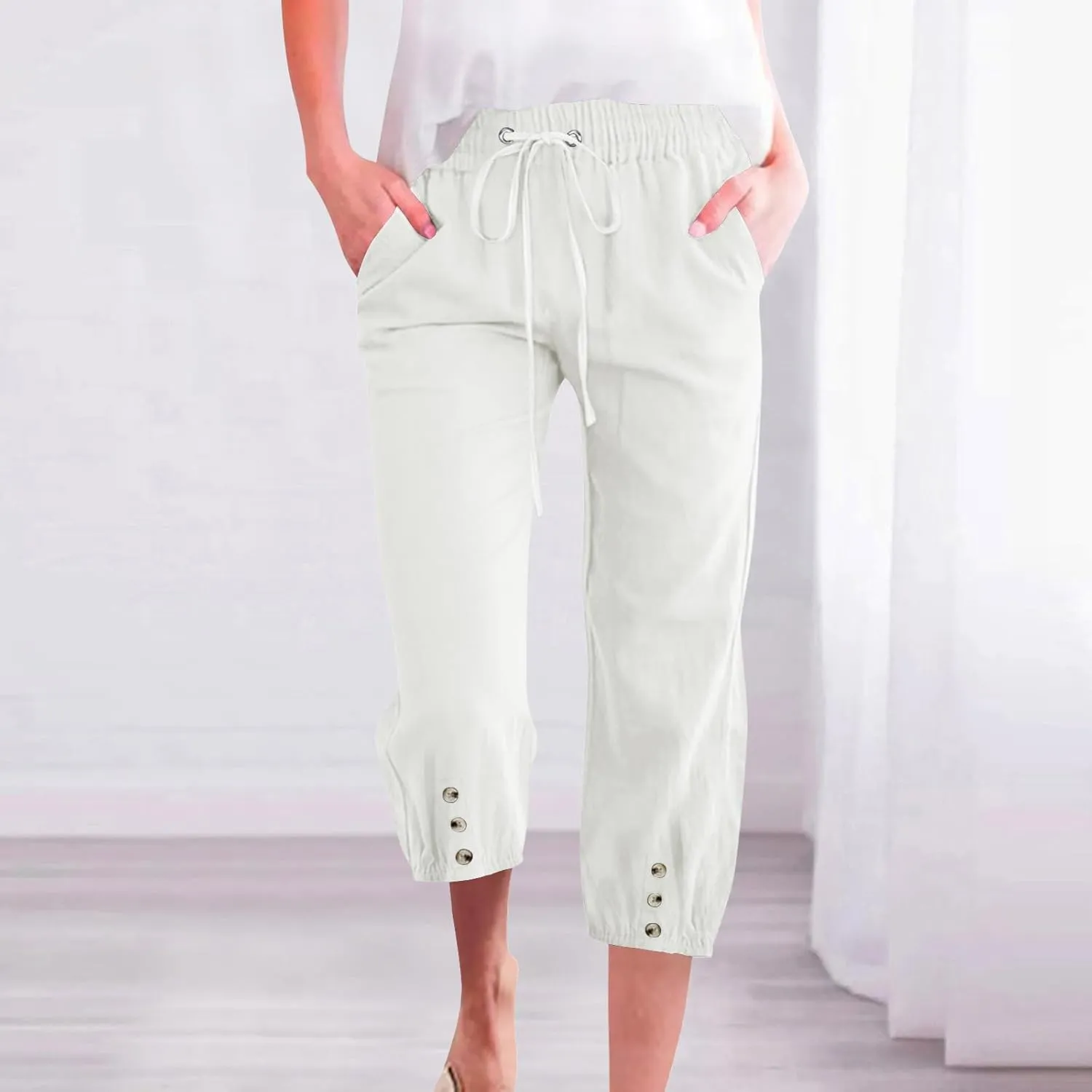 Womens Plain Cotton Linen Capri Pants Cropped Trousers Summer 3/4 Length Pant Casual Loose Trouser Capris with Pockets