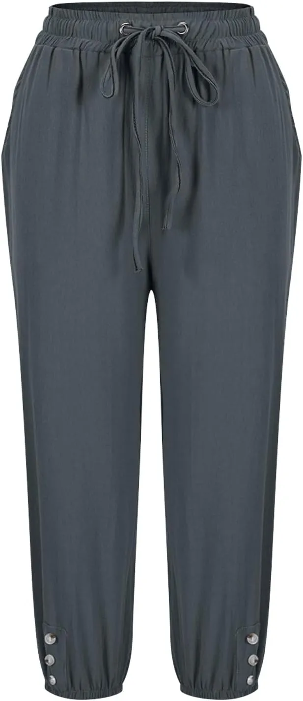 Womens Plain Cotton Linen Capri Pants Cropped Trousers Summer 3/4 Length Pant Casual Loose Trouser Capris with Pockets