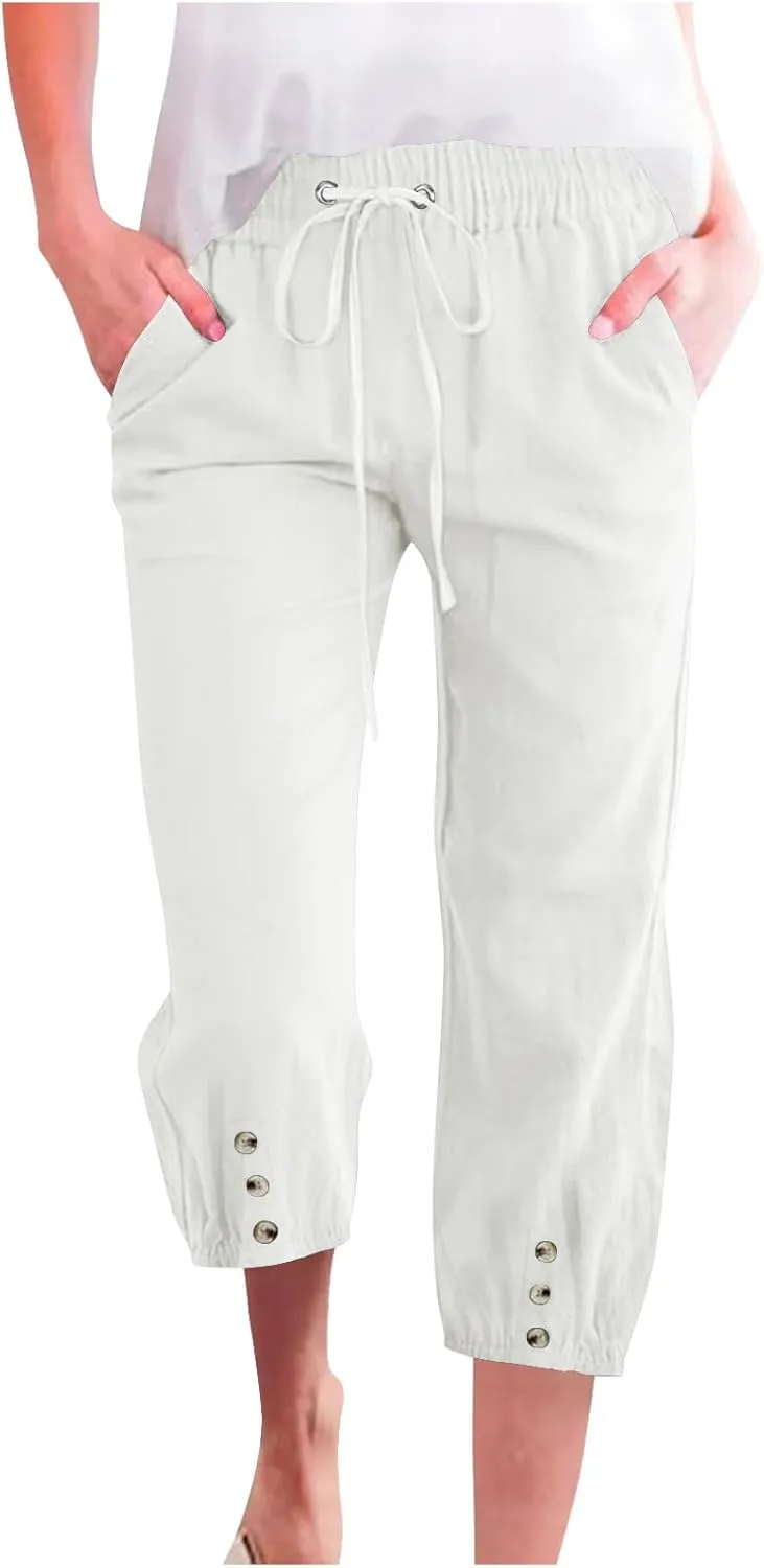 Womens Plain Cotton Linen Capri Pants Cropped Trousers Summer 3/4 Length Pant Casual Loose Trouser Capris with Pockets