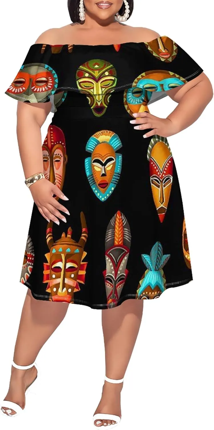 Women's Plus Size Off Shoulder Skirt African Style Pattern Print Cute Mini Dress Summer Off Shoulder Pleated Skirt