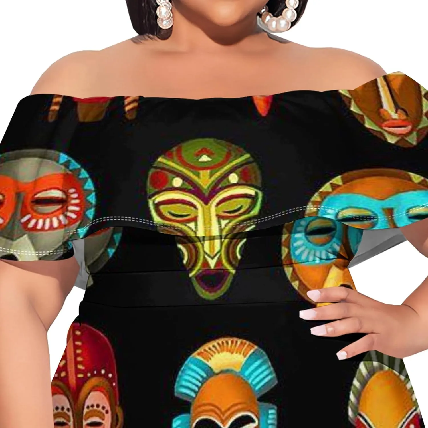 Women's Plus Size Off Shoulder Skirt African Style Pattern Print Cute Mini Dress Summer Off Shoulder Pleated Skirt
