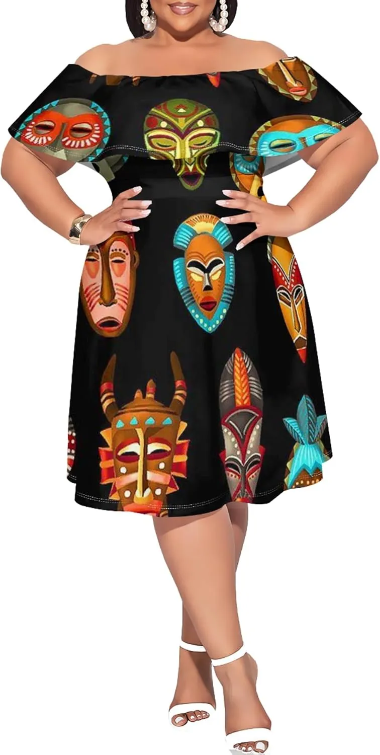 Women's Plus Size Off Shoulder Skirt African Style Pattern Print Cute Mini Dress Summer Off Shoulder Pleated Skirt