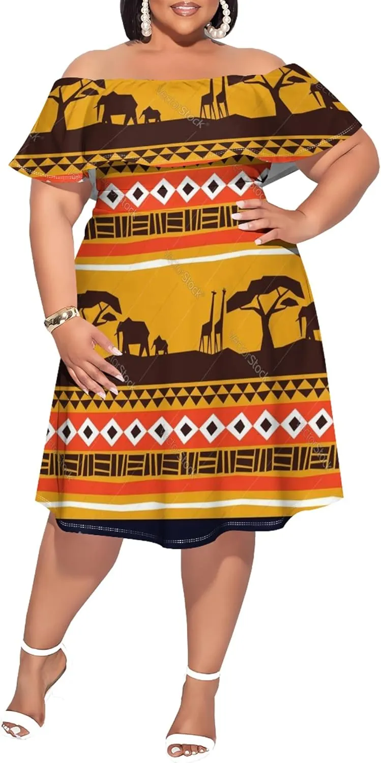 Women's Plus Size Off Shoulder Skirt African Style Pattern Print Cute Mini Dress Summer Off Shoulder Pleated Skirt