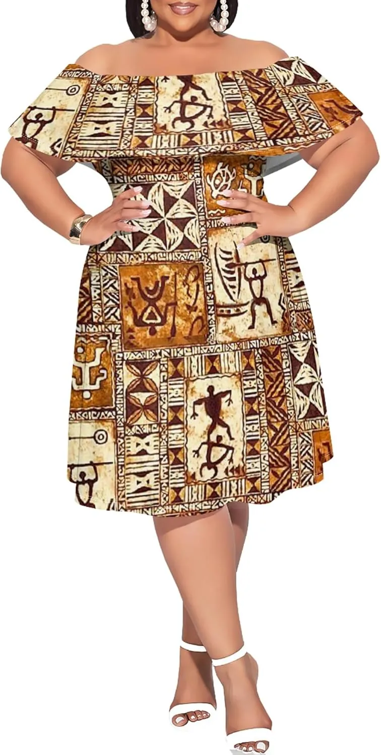 Women's Plus Size Off Shoulder Skirt African Style Pattern Print Cute Mini Dress Summer Off Shoulder Pleated Skirt