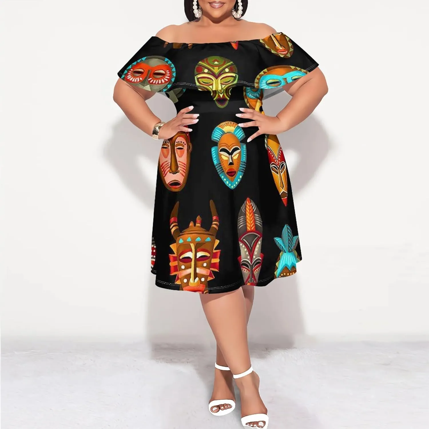 Women's Plus Size Off Shoulder Skirt African Style Pattern Print Cute Mini Dress Summer Off Shoulder Pleated Skirt