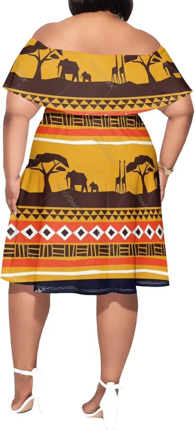 Women's Plus Size Off Shoulder Skirt African Style Pattern Print Cute Mini Dress Summer Off Shoulder Pleated Skirt