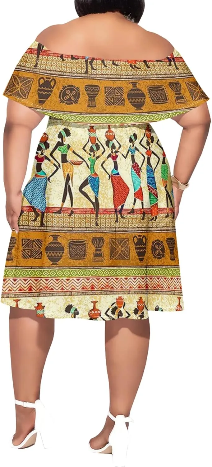 Women's Plus Size Off Shoulder Skirt African Style Pattern Print Cute Mini Dress Summer Off Shoulder Pleated Skirt