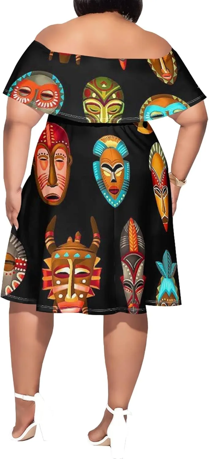 Women's Plus Size Off Shoulder Skirt African Style Pattern Print Cute Mini Dress Summer Off Shoulder Pleated Skirt