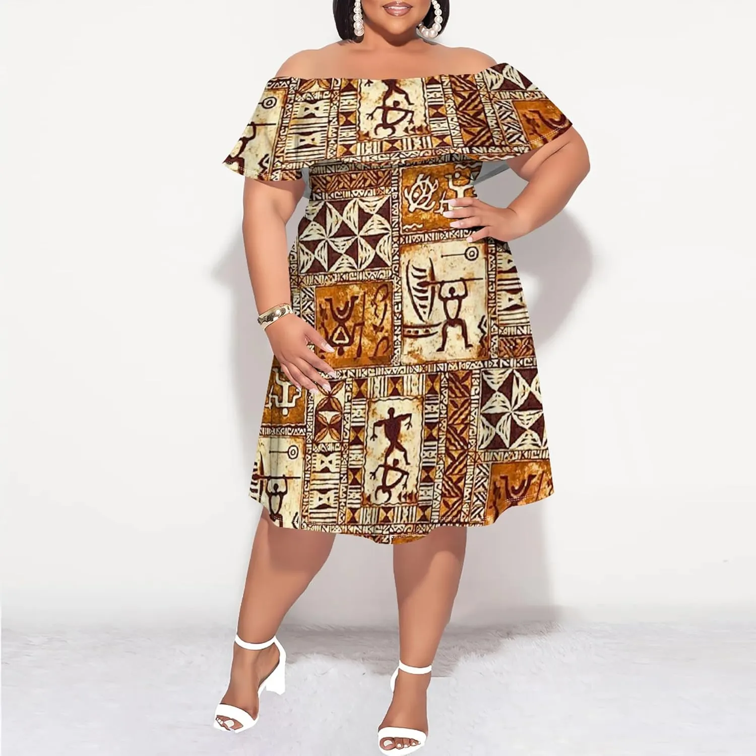 Women's Plus Size Off Shoulder Skirt African Style Pattern Print Cute Mini Dress Summer Off Shoulder Pleated Skirt