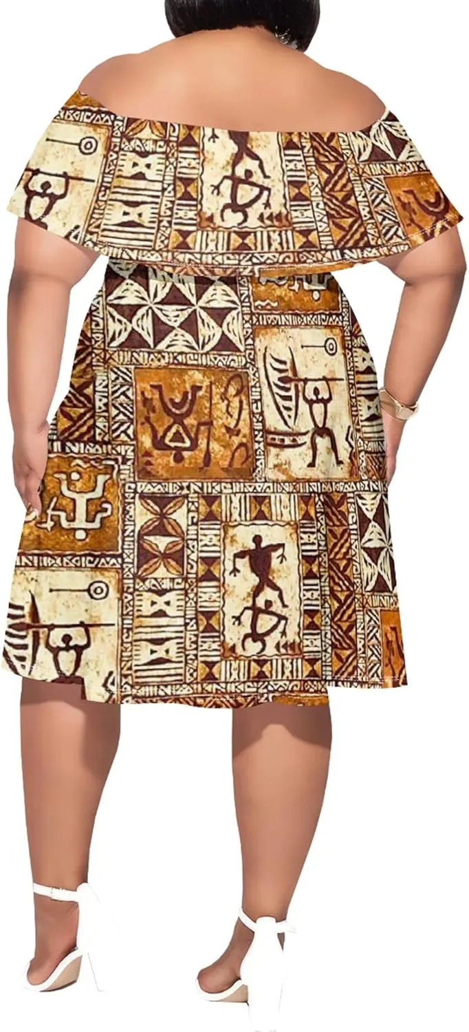 Women's Plus Size Off Shoulder Skirt African Style Pattern Print Cute Mini Dress Summer Off Shoulder Pleated Skirt