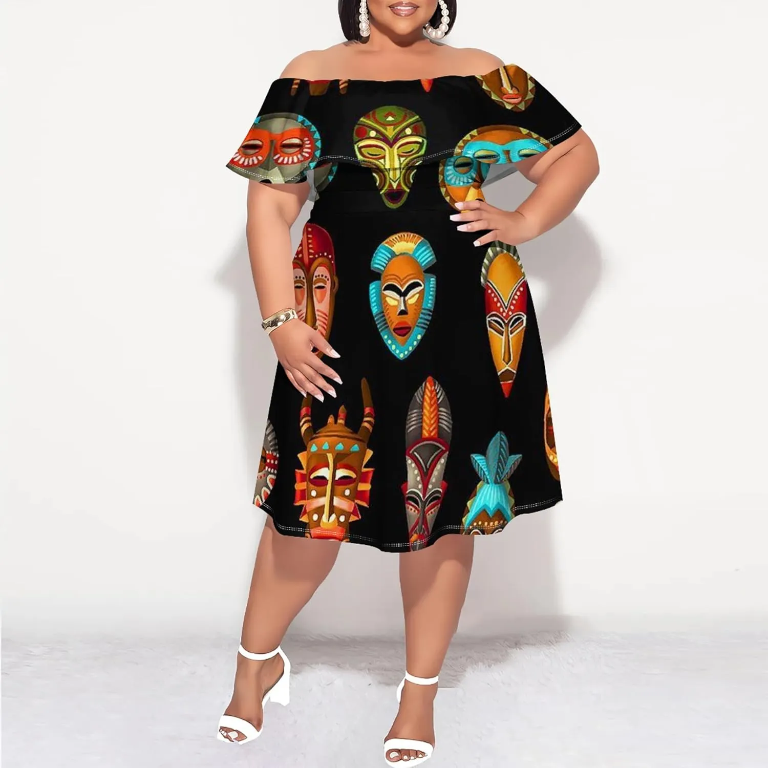 Women's Plus Size Off Shoulder Skirt African Style Pattern Print Cute Mini Dress Summer Off Shoulder Pleated Skirt