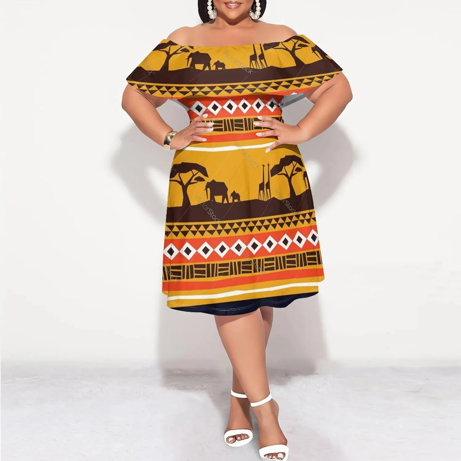 Women's Plus Size Off Shoulder Skirt African Style Pattern Print Cute Mini Dress Summer Off Shoulder Pleated Skirt