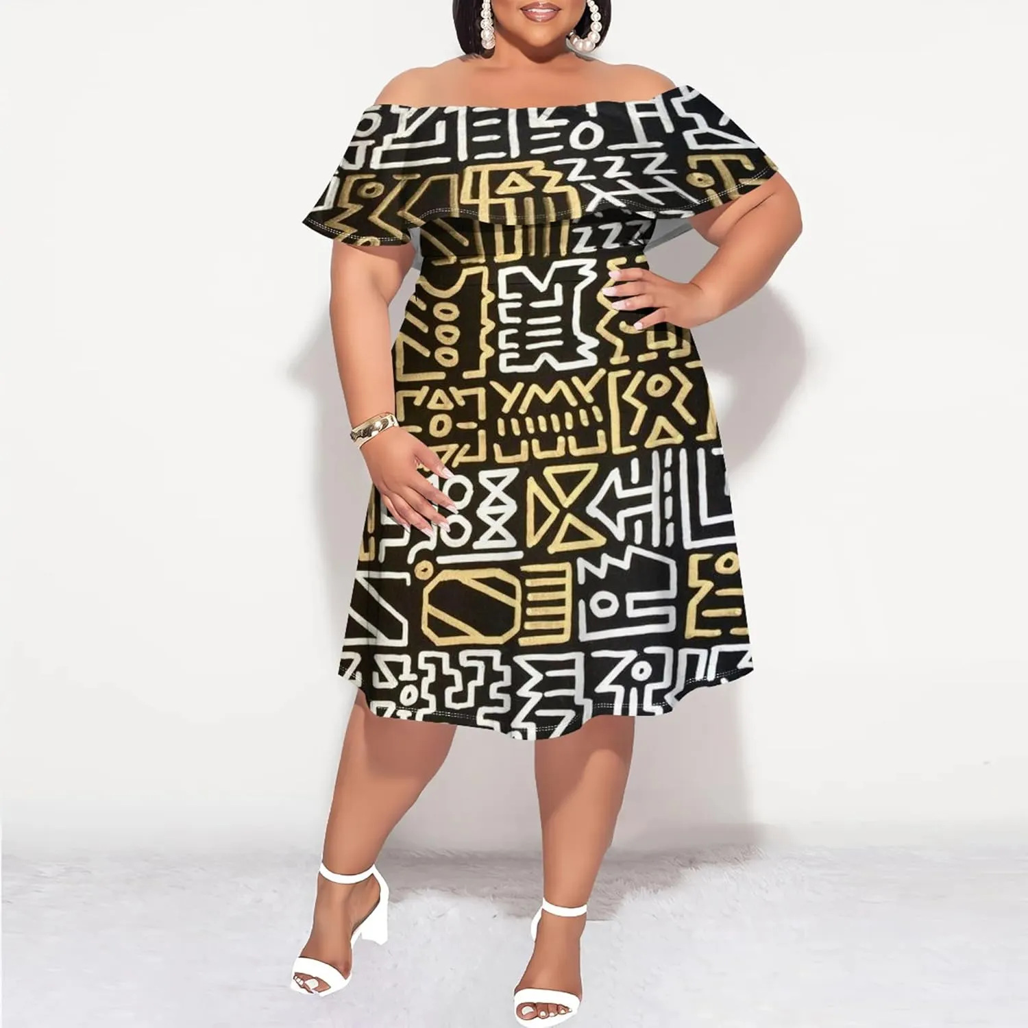 Women's Plus Size Off Shoulder Skirt African Style Pattern Print Cute Mini Dress Summer Off Shoulder Pleated Skirt