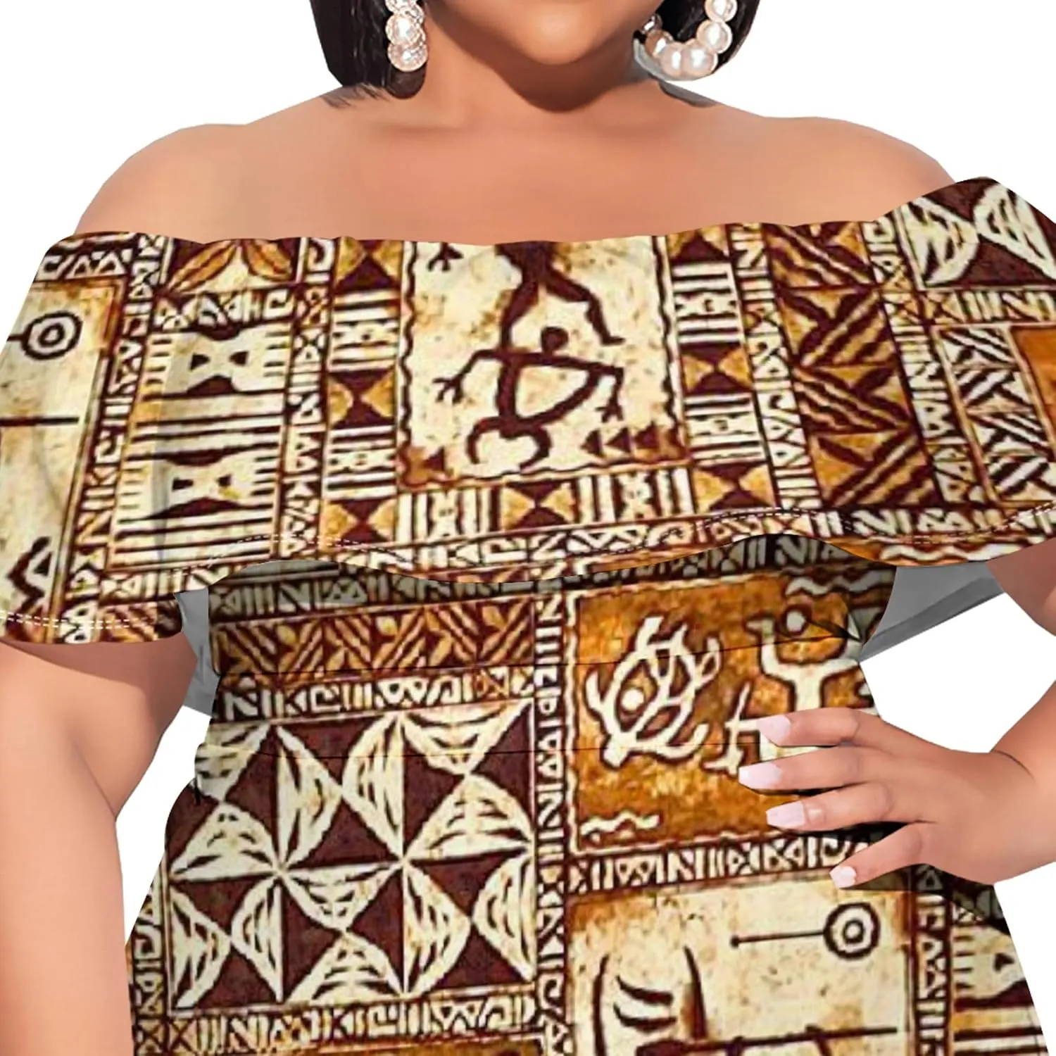 Women's Plus Size Off Shoulder Skirt African Style Pattern Print Cute Mini Dress Summer Off Shoulder Pleated Skirt