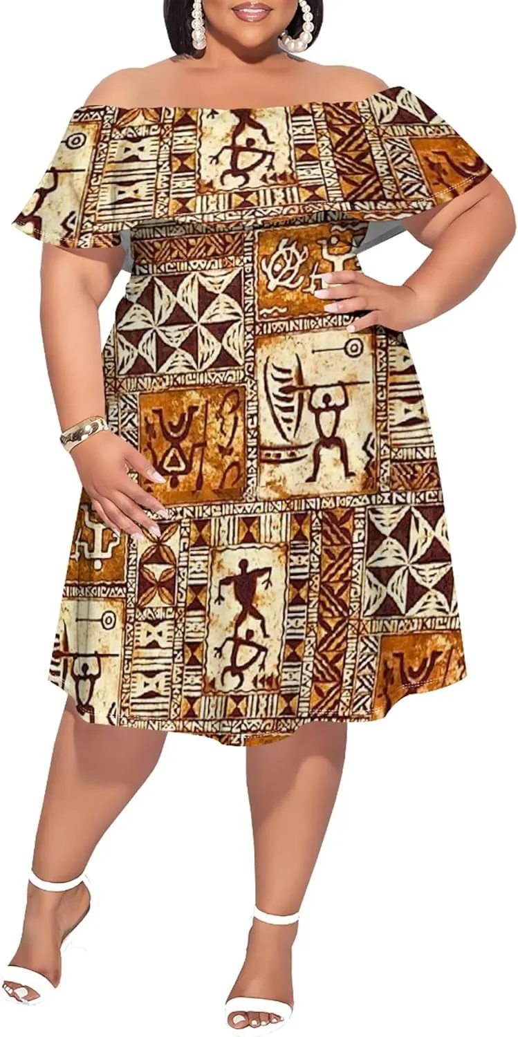 Women's Plus Size Off Shoulder Skirt African Style Pattern Print Cute Mini Dress Summer Off Shoulder Pleated Skirt
