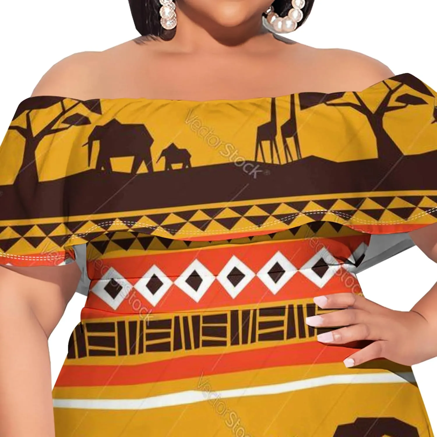 Women's Plus Size Off Shoulder Skirt African Style Pattern Print Cute Mini Dress Summer Off Shoulder Pleated Skirt