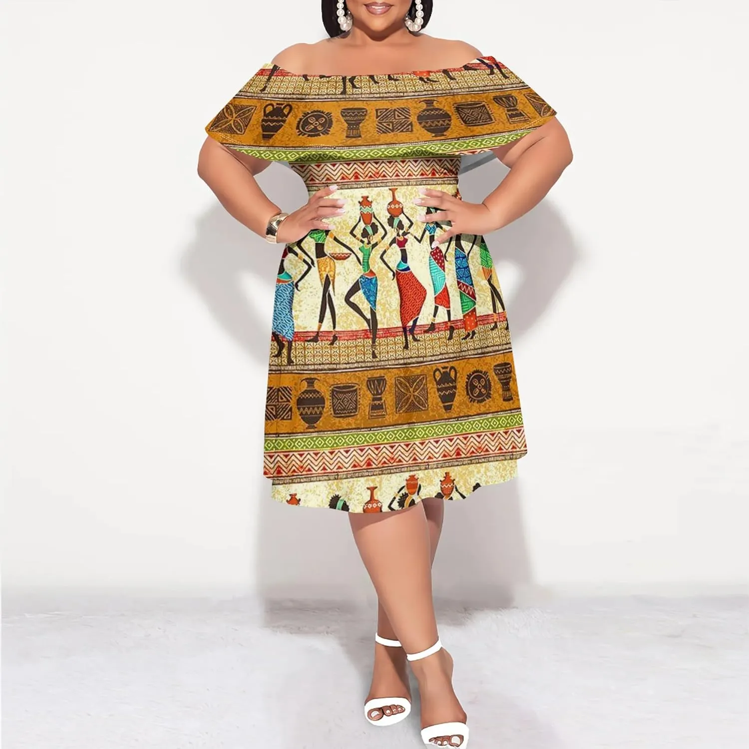 Women's Plus Size Off Shoulder Skirt African Style Pattern Print Cute Mini Dress Summer Off Shoulder Pleated Skirt