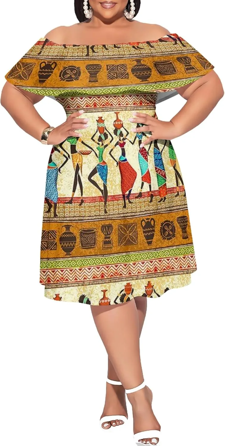 Women's Plus Size Off Shoulder Skirt African Style Pattern Print Cute Mini Dress Summer Off Shoulder Pleated Skirt