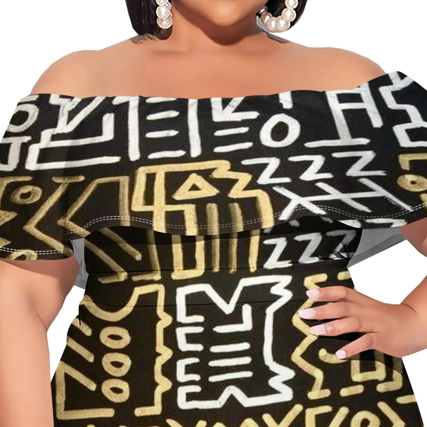 Women's Plus Size Off Shoulder Skirt African Style Pattern Print Cute Mini Dress Summer Off Shoulder Pleated Skirt