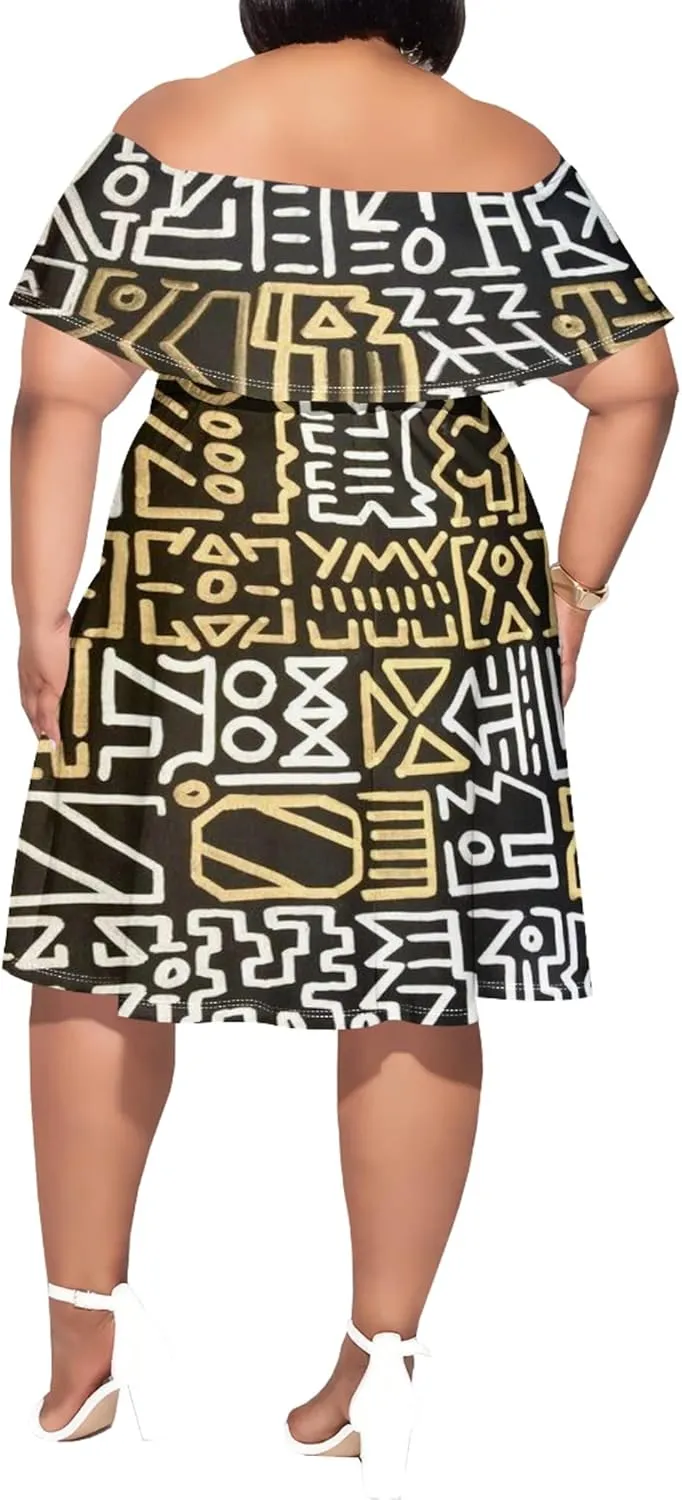 Women's Plus Size Off Shoulder Skirt African Style Pattern Print Cute Mini Dress Summer Off Shoulder Pleated Skirt