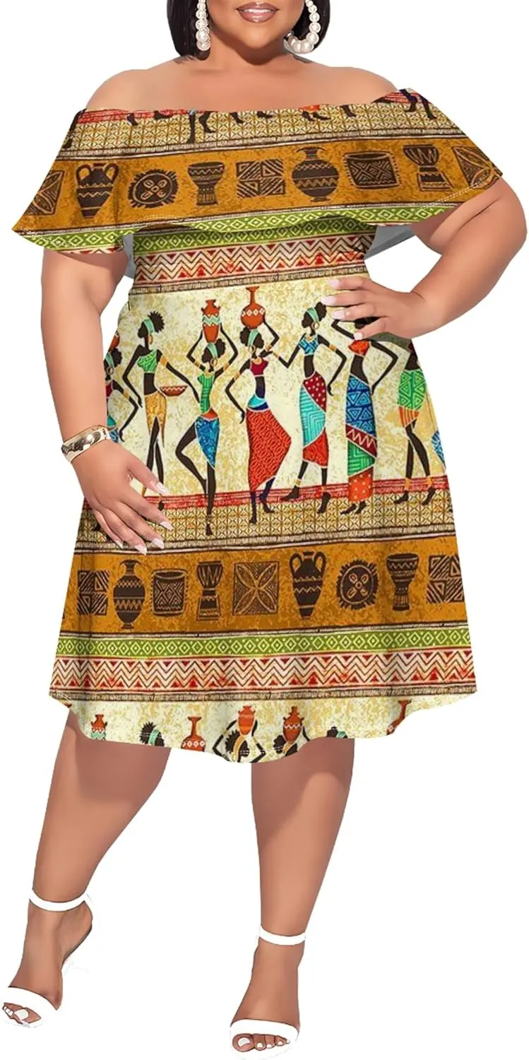 Women's Plus Size Off Shoulder Skirt African Style Pattern Print Cute Mini Dress Summer Off Shoulder Pleated Skirt