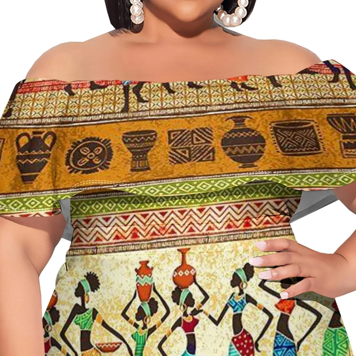 Women's Plus Size Off Shoulder Skirt African Style Pattern Print Cute Mini Dress Summer Off Shoulder Pleated Skirt