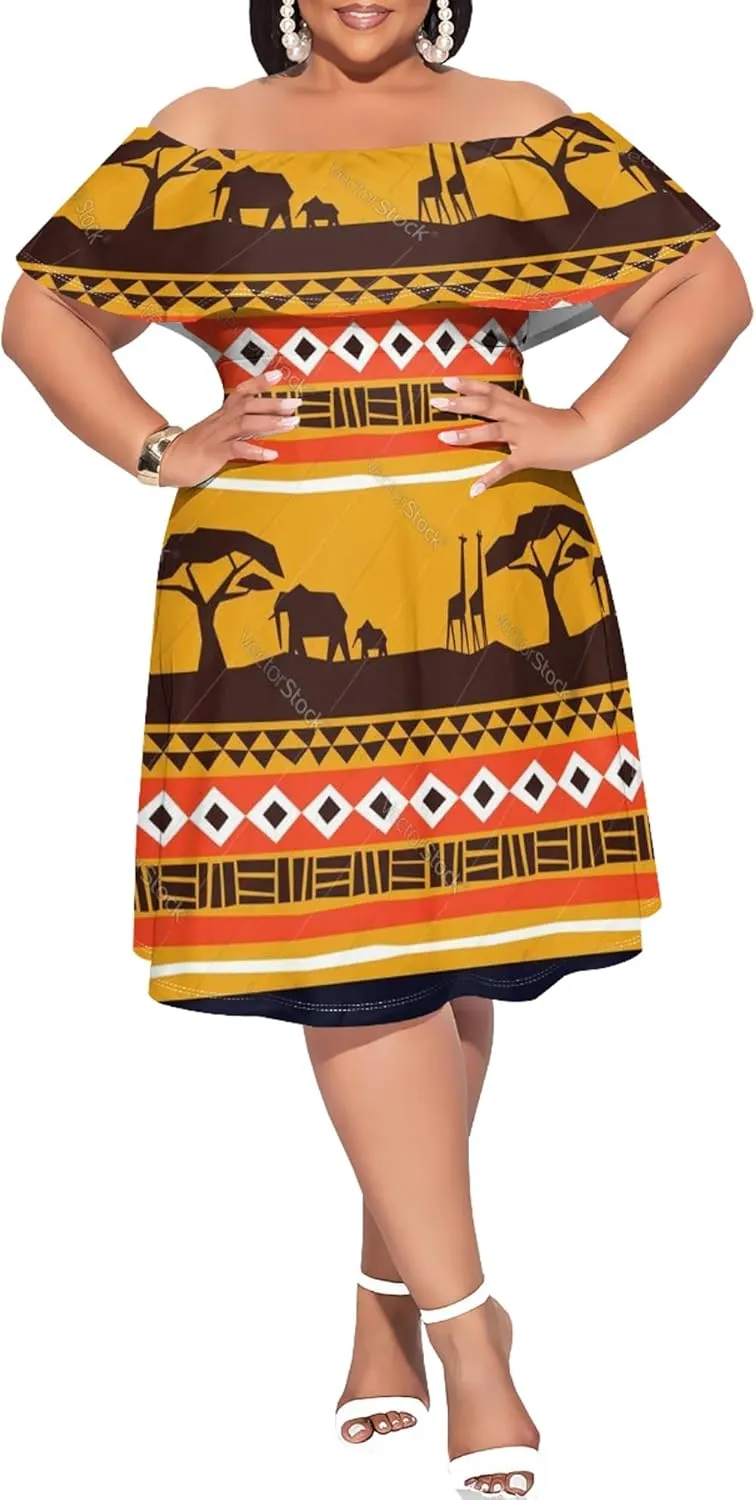 Women's Plus Size Off Shoulder Skirt African Style Pattern Print Cute Mini Dress Summer Off Shoulder Pleated Skirt
