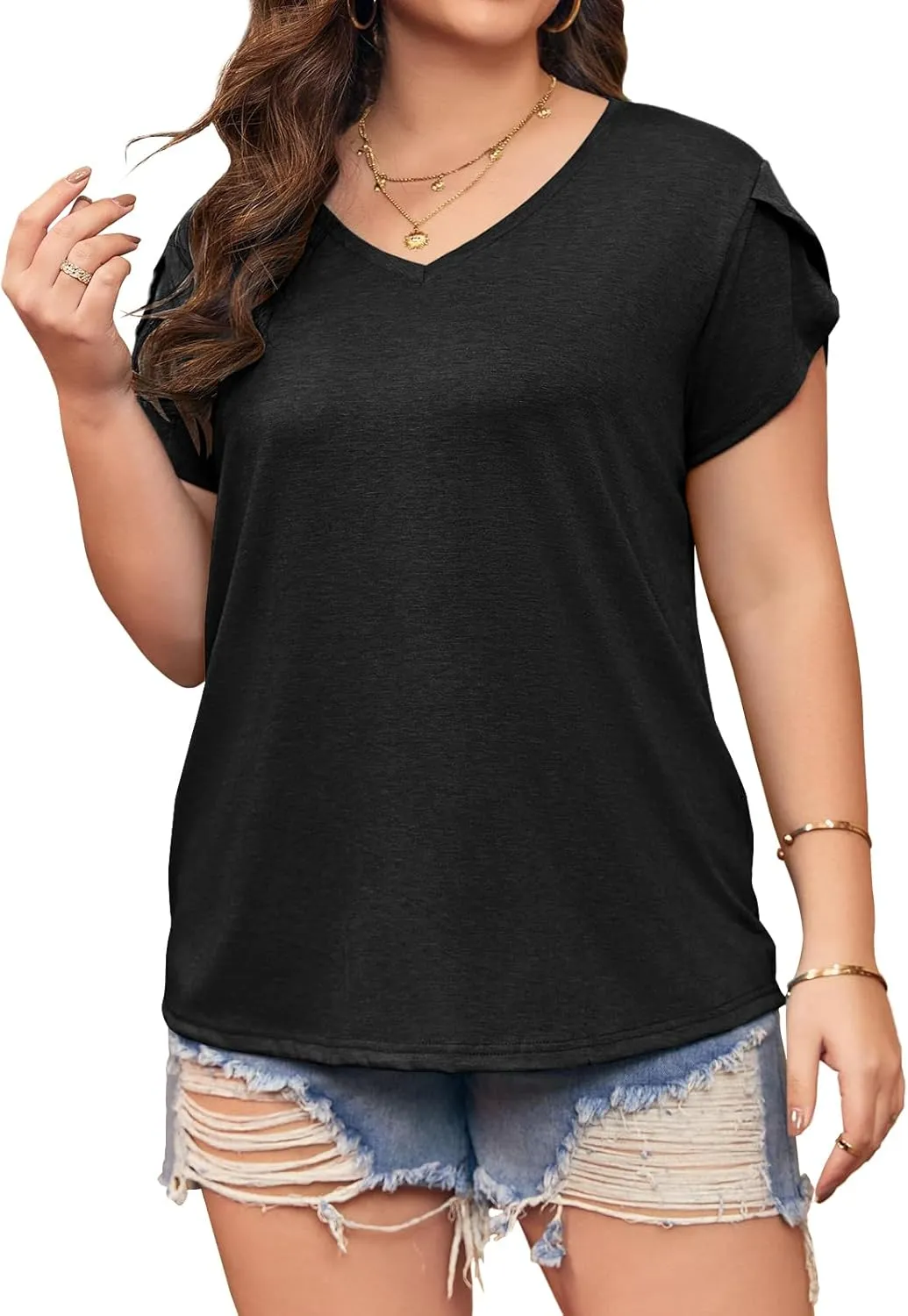 Womens Plus Size Tops V Neck T Shirts Casual Loose Petal Sleeve Tee Shirts