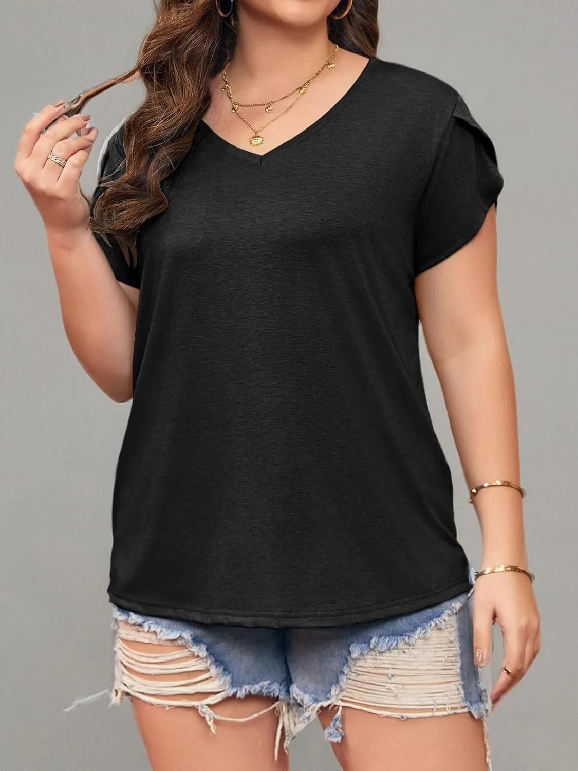 Womens Plus Size Tops V Neck T Shirts Casual Loose Petal Sleeve Tee Shirts