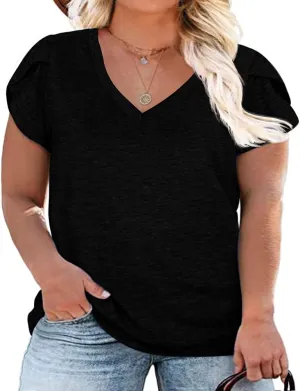 Womens Plus Size Tops V Neck T Shirts Casual Loose Petal Sleeve Tee Shirts