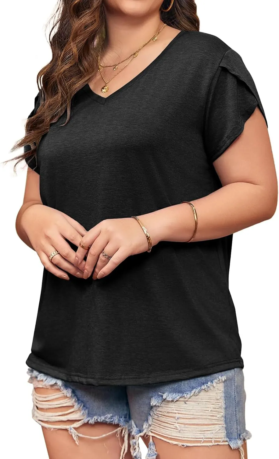 Womens Plus Size Tops V Neck T Shirts Casual Loose Petal Sleeve Tee Shirts