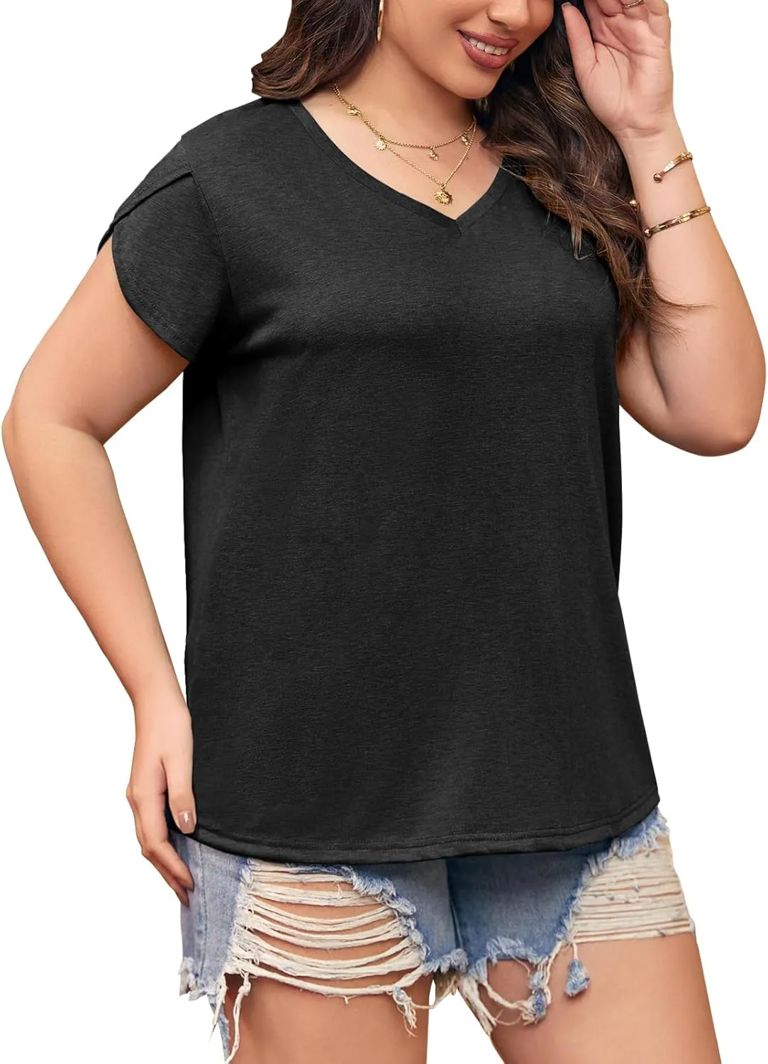 Womens Plus Size Tops V Neck T Shirts Casual Loose Petal Sleeve Tee Shirts
