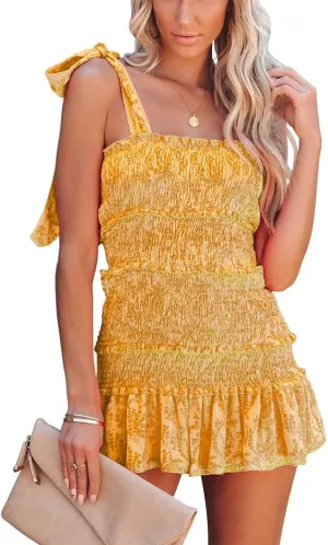 Women's Preppy Dress Summer Floral Spaghetti Strap Square Neck Ruffle Tie Mini Smocked Dress