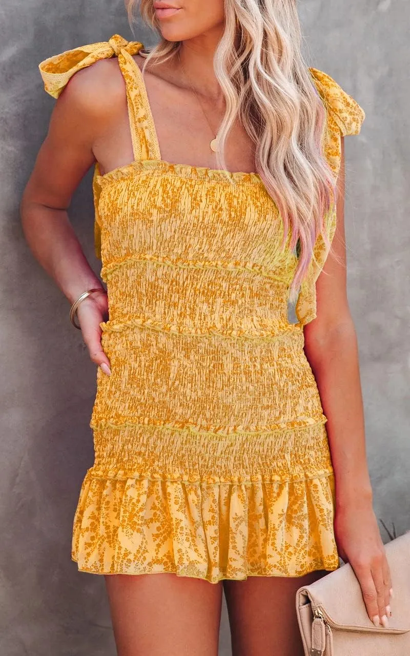 Women's Preppy Dress Summer Floral Spaghetti Strap Square Neck Ruffle Tie Mini Smocked Dress