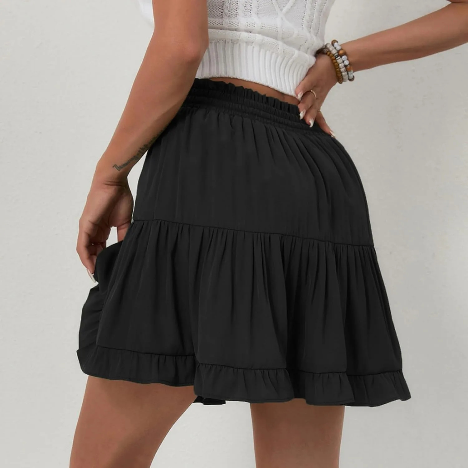 Womens Ruffle Mini Skirts 2025 Cute High Waist A Line Pleated Beach Skirt Drawstring Tie Elastic Waist Skirts