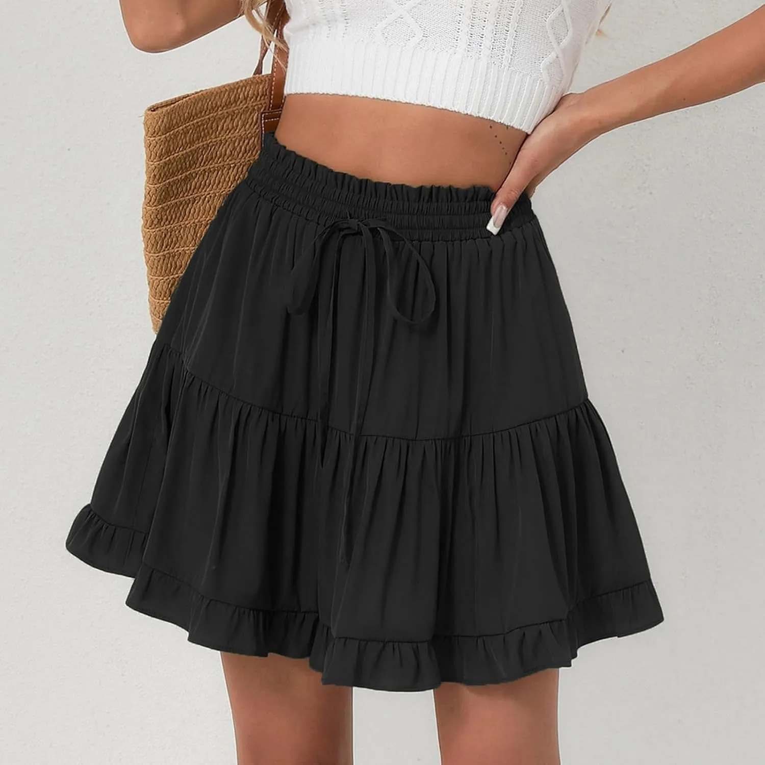 Womens Ruffle Mini Skirts 2025 Cute High Waist A Line Pleated Beach Skirt Drawstring Tie Elastic Waist Skirts