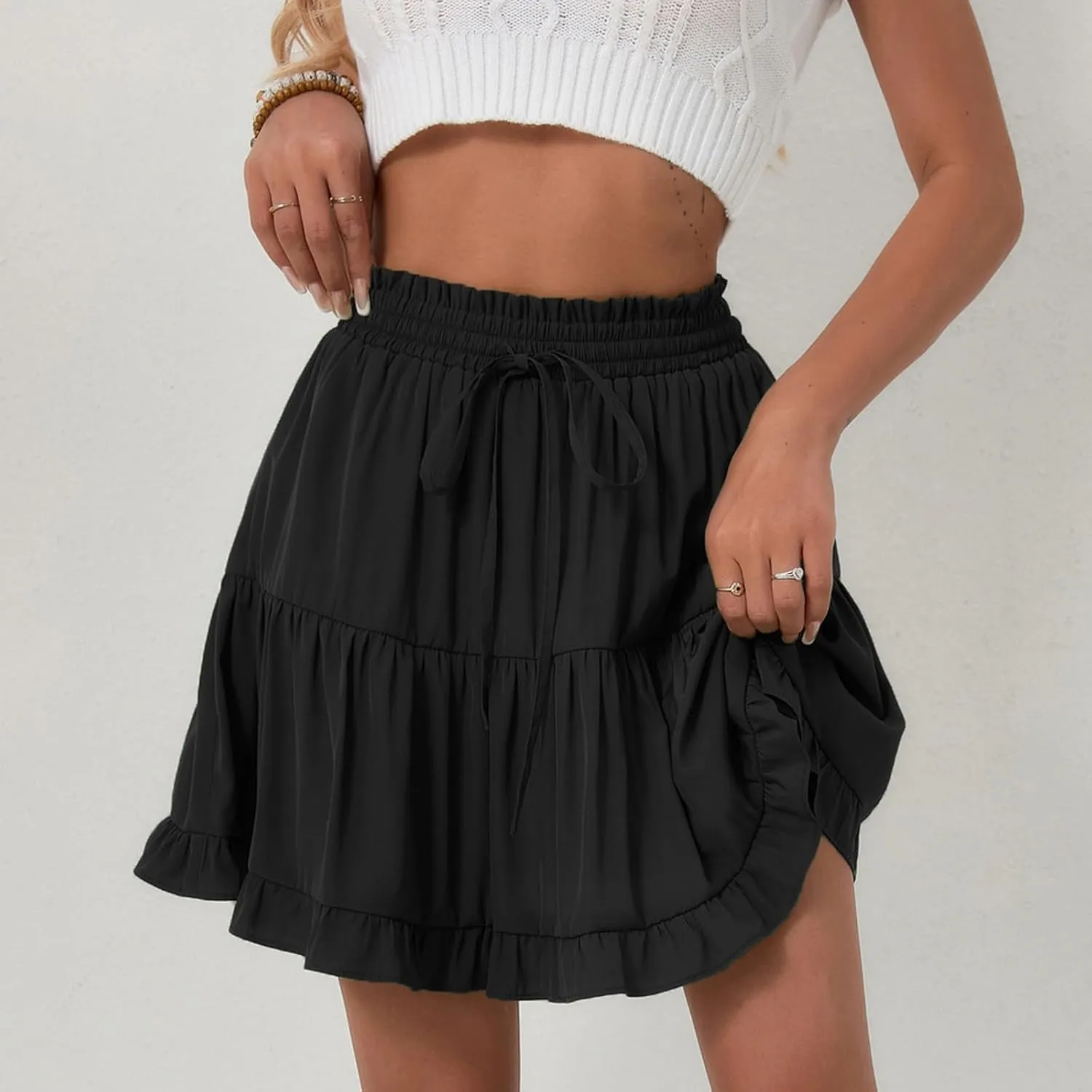 Womens Ruffle Mini Skirts 2025 Cute High Waist A Line Pleated Beach Skirt Drawstring Tie Elastic Waist Skirts