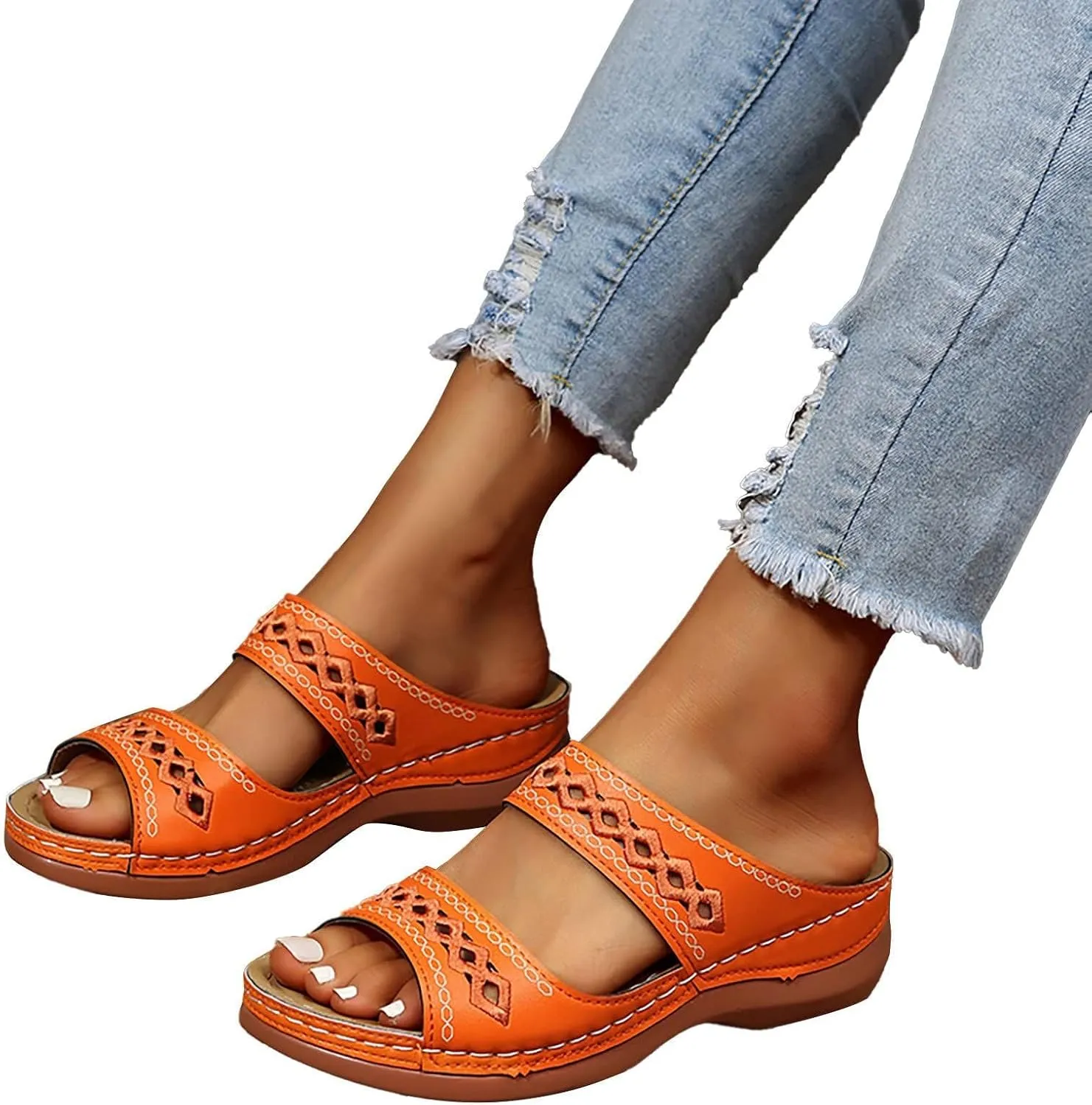 Womens Sandals Hollow Out Slip On Platform Wedge Sandals Comfortable Dressy Summer Casual Walking Shoes Lightweight Beach Sandal Comfort Low Heels Flip Flops Shoes