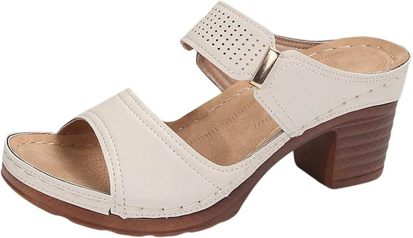 Womens Sandals Open Toe Block Heel Sandals Summer Dressy Slip on Wedge Sandal Comfortable Orthotic Arch Support Shoes Adjustable Ankle Strap Beach Walking Shoes