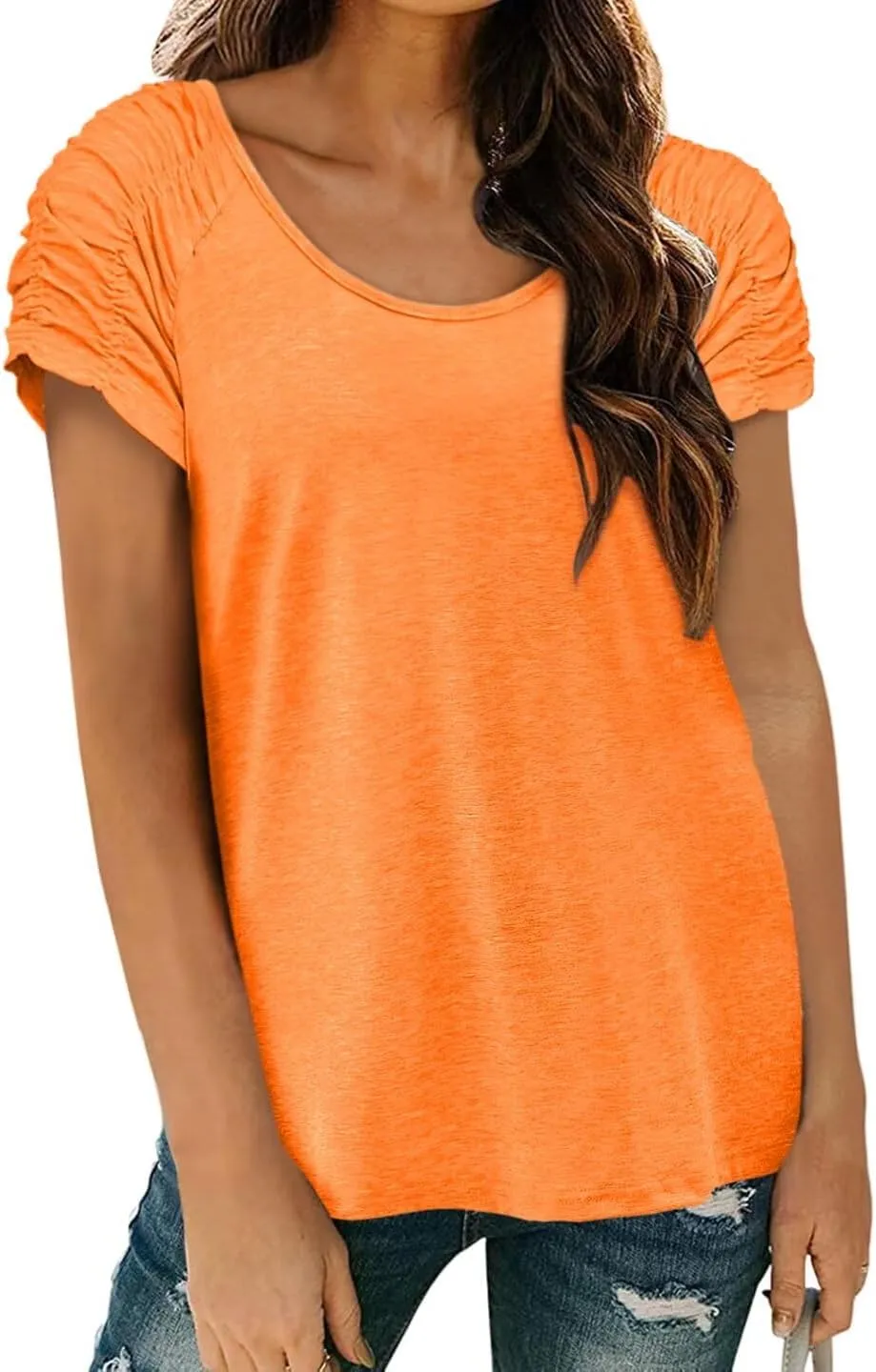 Womens Short Sleeve Tops Casual Solid Color Ladies Summer Shirts Dressy Plus Size T Shirts