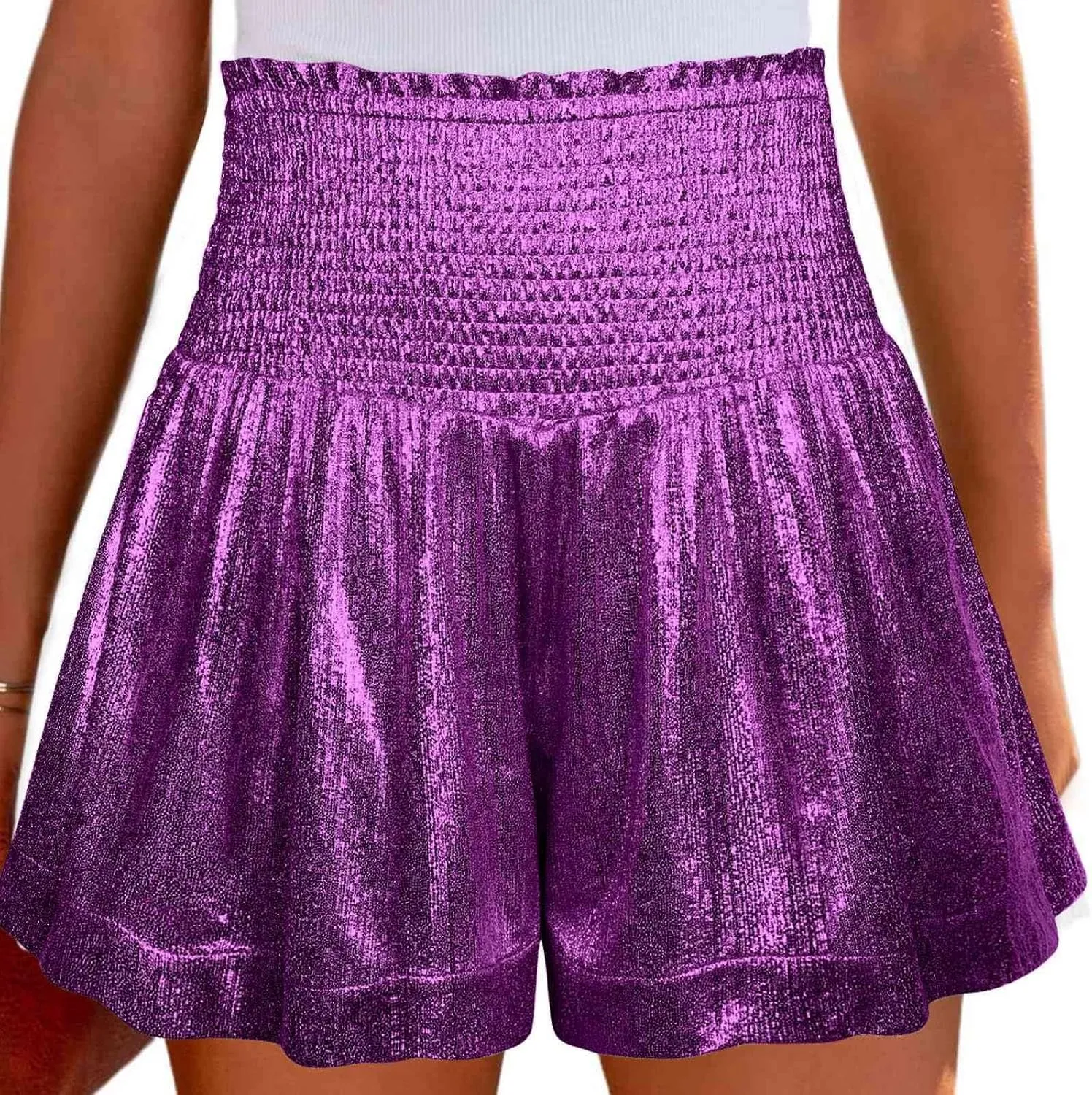 Women's Skirt Casual Loose and Elastic Waist Flash Shorts Metallic Fashion Pleated Waist Short High Skirt for