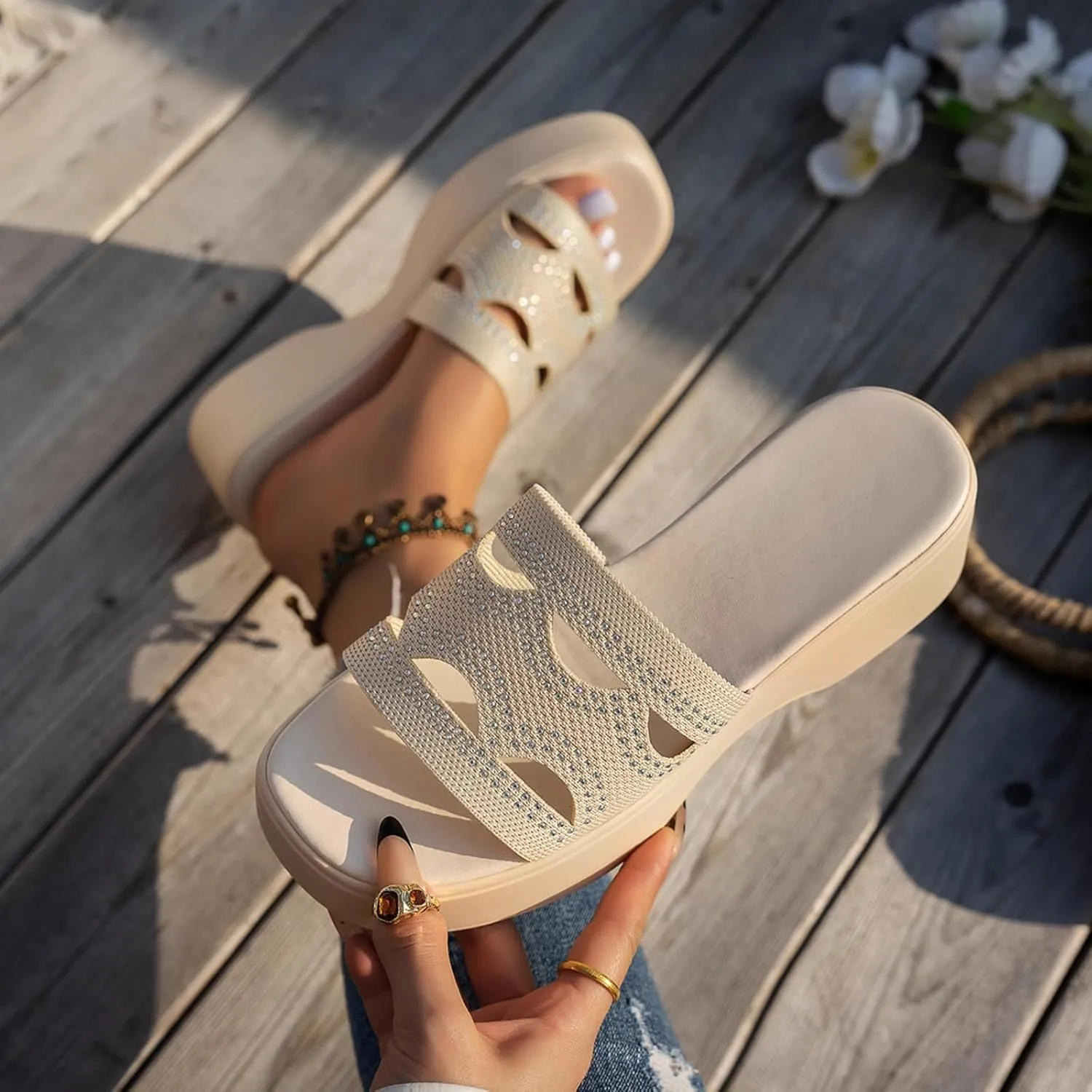 Womens Slide Sandals Plantar Fasciitis Arch Support Shoes Slip On Open Toe Thick Cushion Slippers Boho Beach Sandal Summer Walking Sandals Comfortable Casual Shoes Yoga Mat Shoe