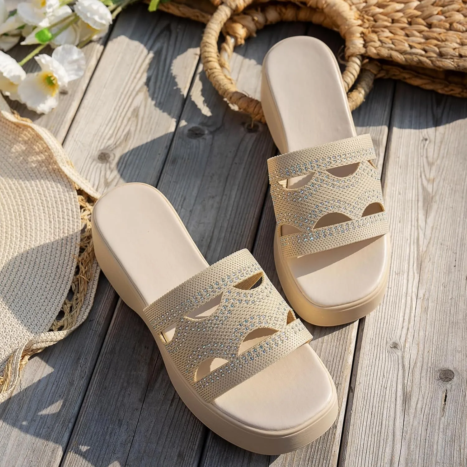 Womens Slide Sandals Plantar Fasciitis Arch Support Shoes Slip On Open Toe Thick Cushion Slippers Boho Beach Sandal Summer Walking Sandals Comfortable Casual Shoes Yoga Mat Shoe