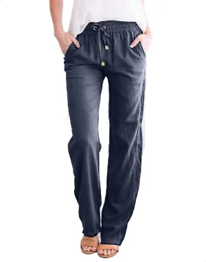 Women's Straight Solid Color Trousers Elastic Drawstring High Waist Casual Comfortable Pants for Daily Wear