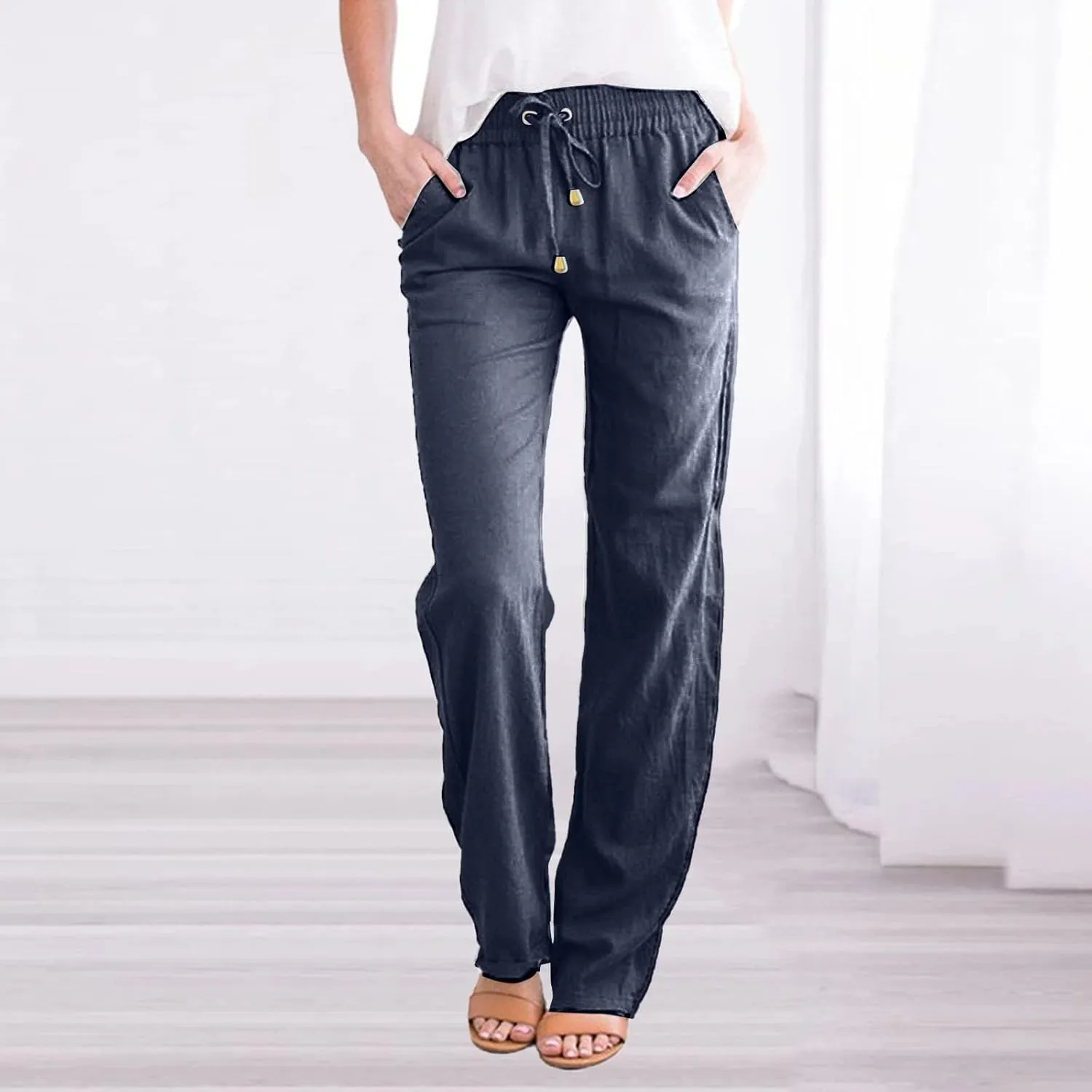 Women's Straight Solid Color Trousers Elastic Drawstring High Waist Casual Comfortable Pants for Daily Wear
