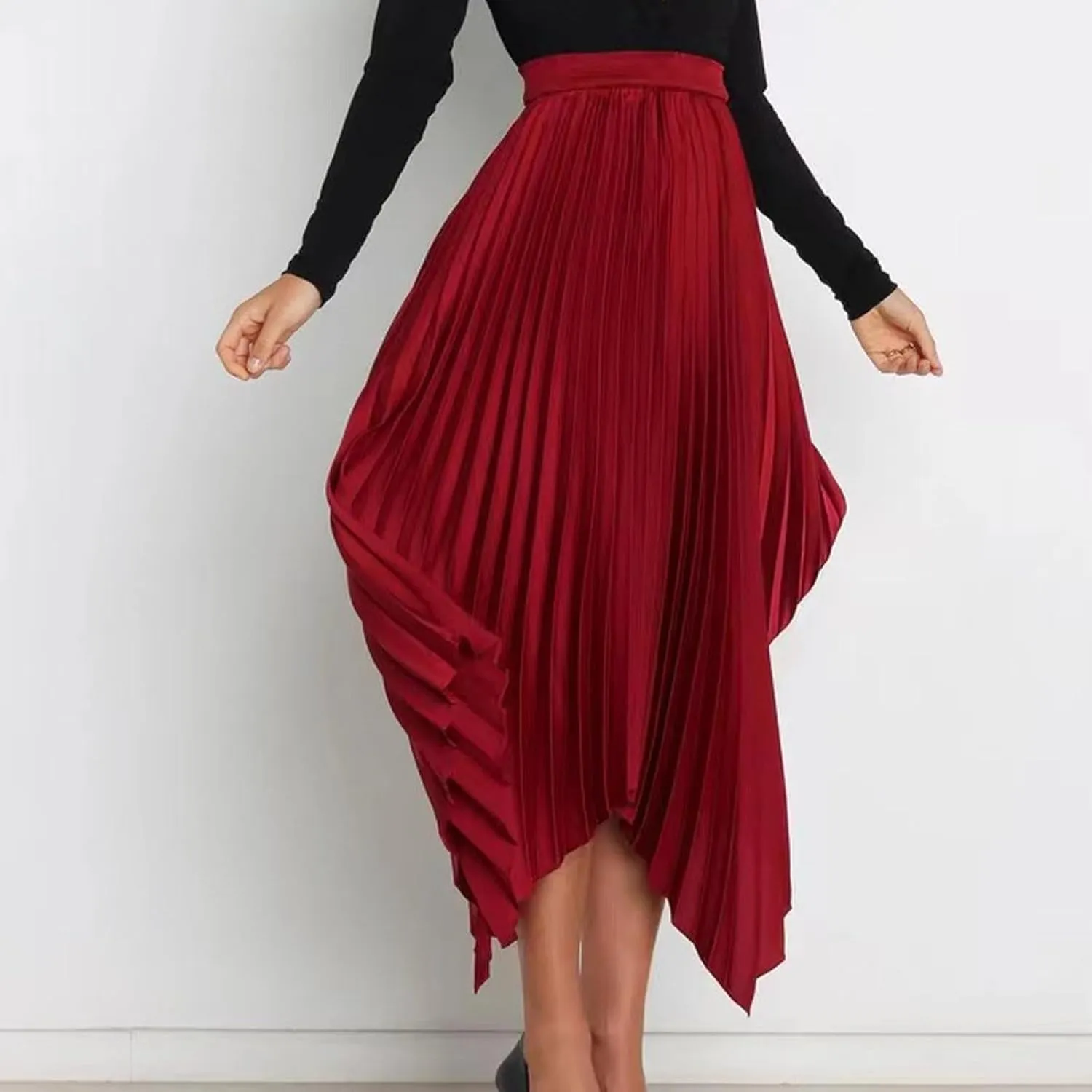 Women's Summer Skirt Solid Color High Waist Pleated A Line Swing Skirts Casual Fashion Irregular Hem Swing Skorts