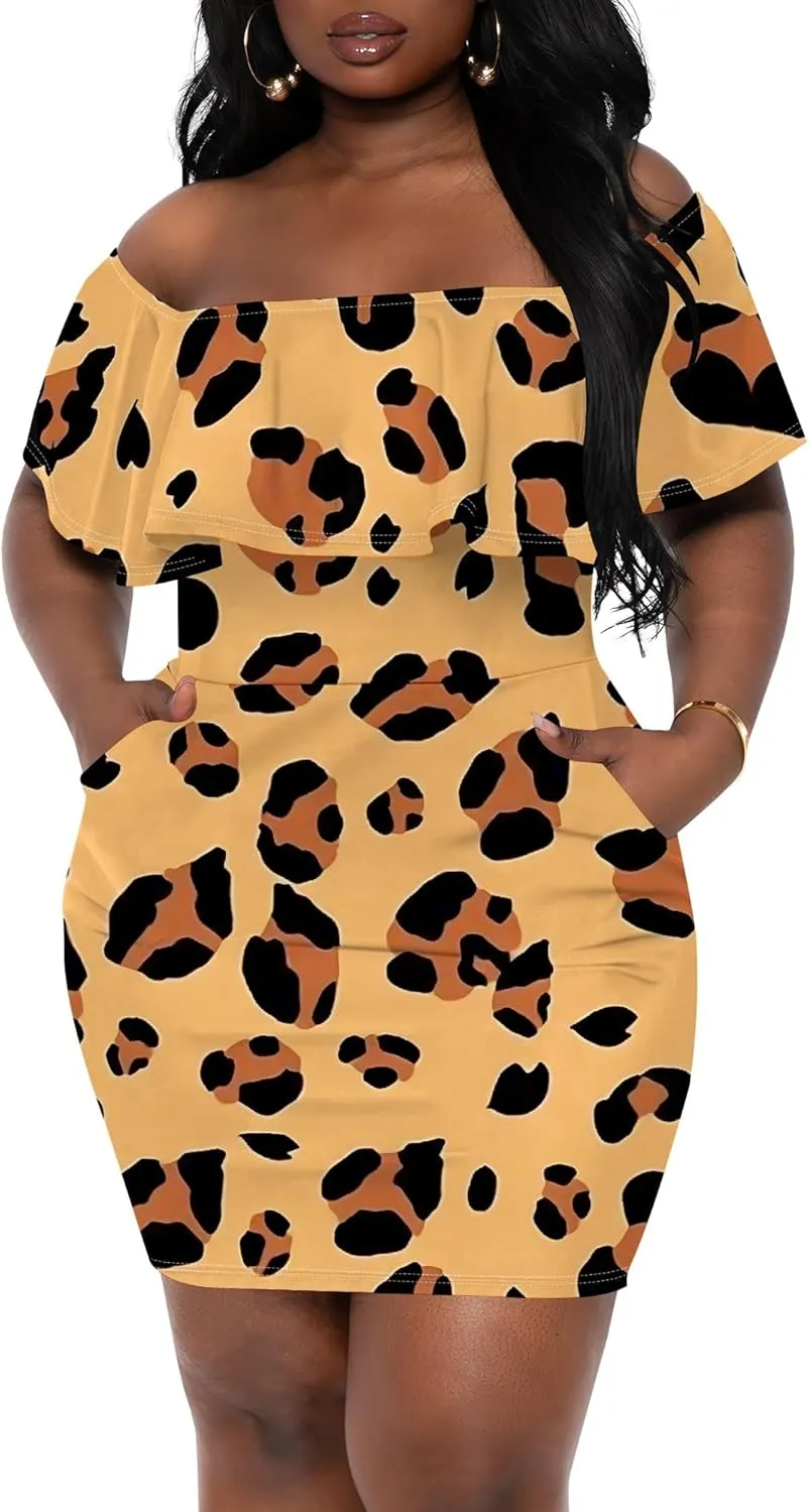 Women's Summer Slim Fit Off Shoulder Mini Dress Ruffle Short Sleeve Print Cocktail Party Fashion Bodycon Dress with Pockets
