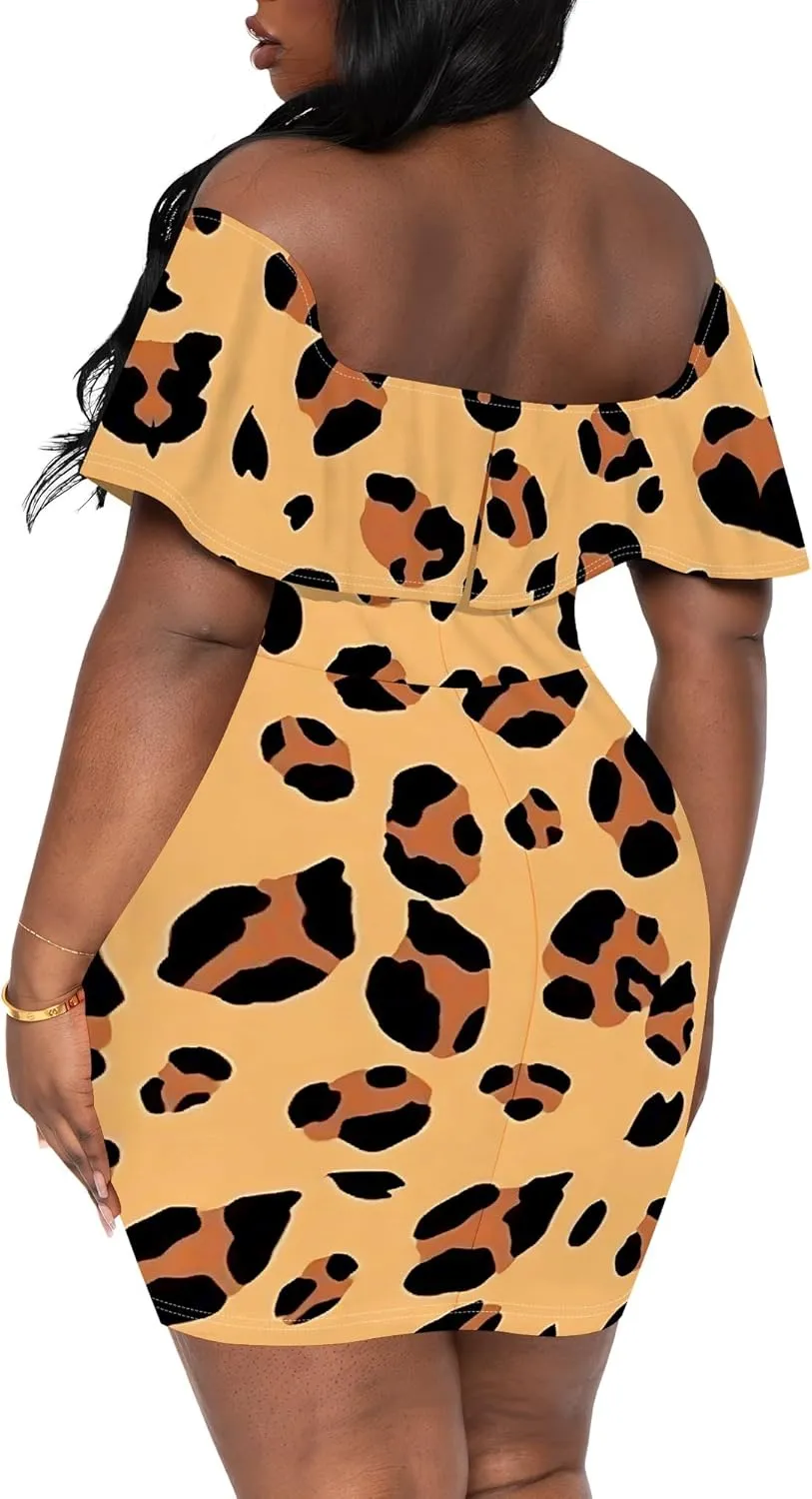 Women's Summer Slim Fit Off Shoulder Mini Dress Ruffle Short Sleeve Print Cocktail Party Fashion Bodycon Dress with Pockets