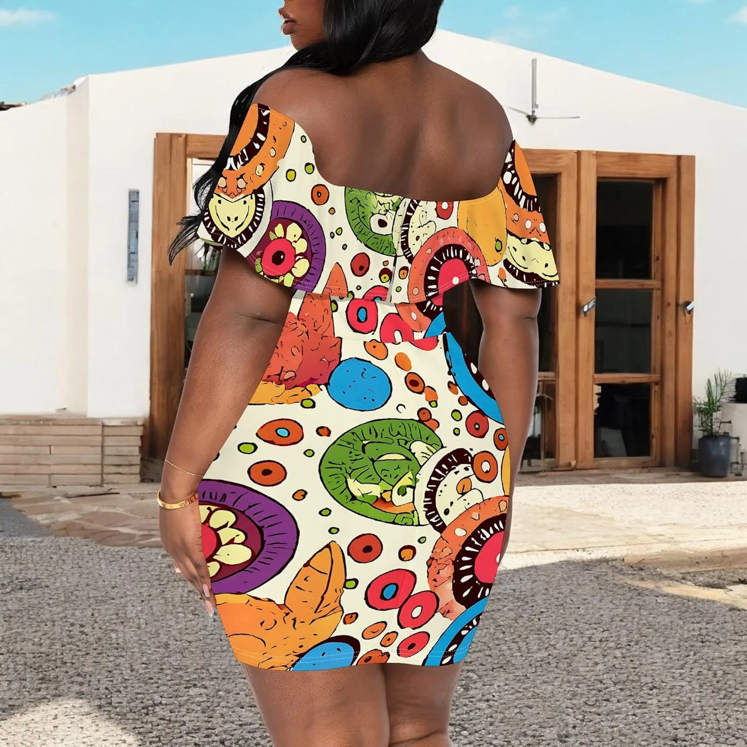 Women's Summer Slim Fit Off Shoulder Mini Dress Ruffle Short Sleeve Print Cocktail Party Fashion Bodycon Dress with Pockets